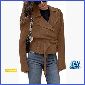 Faux Suede Leather Cropped Wrap Coat with Belt Vintage Casual
